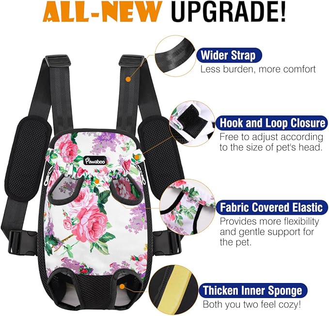 Pawaboo Pet Carrier Backpack, Adjustable Pet Front Cat Dog Carrier Backpack Travel Bag, Legs Out, Easy-Fit for Traveling Hiking Camping for Small Medium Dogs Cats Puppies, Extra Large, Flowers
