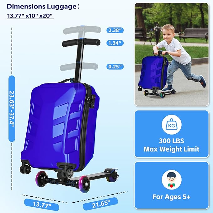 Scooter Suitcase for Kids & Adults，3-D Hardshell Ride On Scooter Luggage with Led Light Up Wheels，TSA Lock，Lightweight Foldable Carry On Rideable Suitcase for Children Teenagers (Blue, 21-inch)