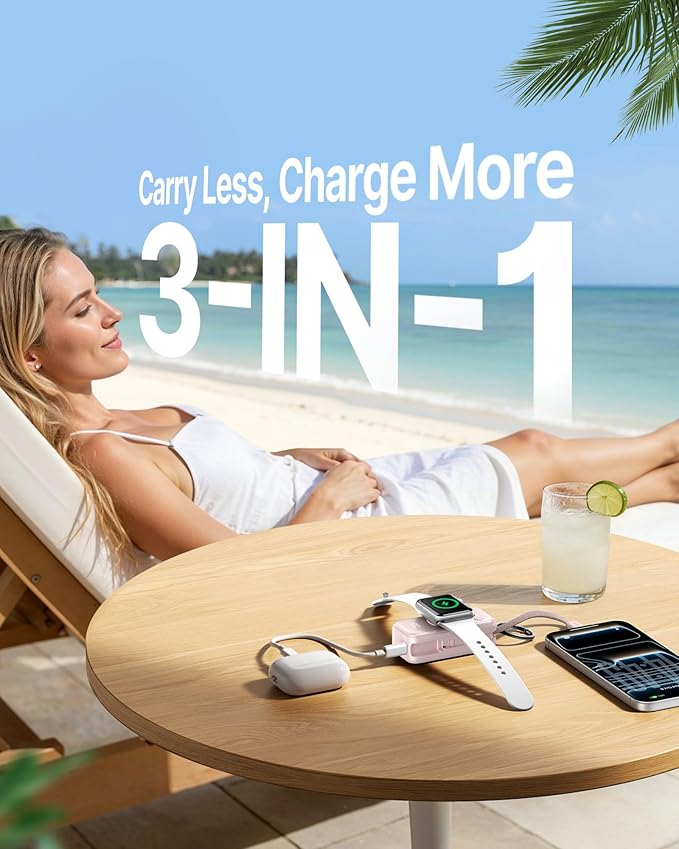 INIU 3-in-1 Portable Charger, 5000mAh Power Bank with Watch Charger & Built-in Cable, Compact 20W Fast Charging Battery Pack, Key Chain & Travel Essential for iPhone 16 15, Apple Watch, AirPods, etc