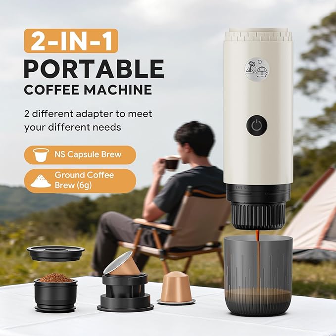 RECAFIMIL Portable Espresso Machine, Travel Coffee Maker for Camping, Car Coffee Maker Self-Heating with USB-C, 2 in 1 With Ground Coffee & NS Capsule for RV, Hiking, Office Gifts for Men(White)