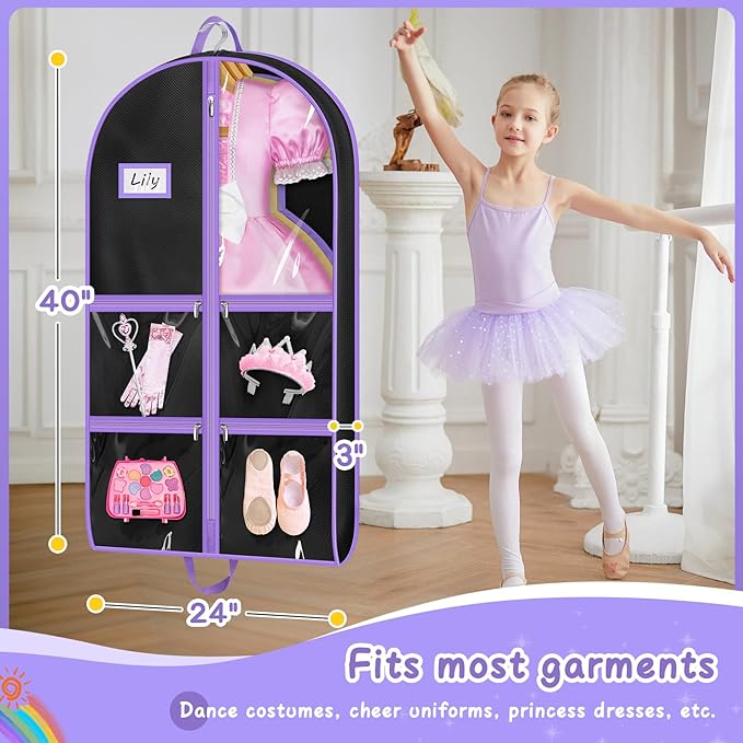 MISSLO Dance Garment Bags for Dancers with 4 Pockets Garment Bags for Dance Costumes 40" Cheer Uniform Garment Bag Hanging Kids Garment Bag for Recital, Competition, Travel, Storage, 3 Packs