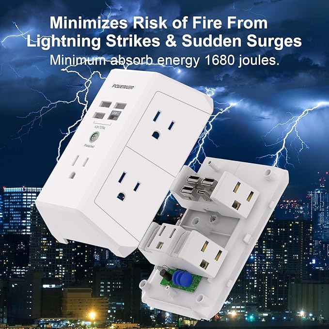 USB Wall Charger, POWERIVER Multi Outlet Extender Surge Protector with 4 USB Ports, 1680J Wall Outlet Adapter Spaced for Home School Office, ETL Listed, White