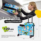 smilesun 20" Ride-On Suitcase for Kids, Cute Pattern, Lightweight Hardshell Carry-On Luggage with Double Spinner Wheels, TSA Lock for Boys & Girls（Blue）