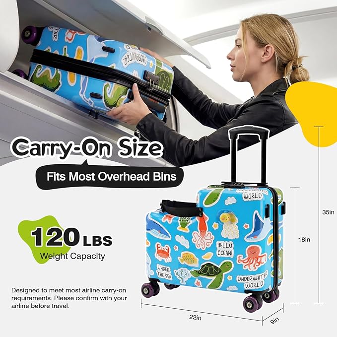 smilesun 20" Ride-On Suitcase for Kids, Cute Pattern, Lightweight Hardshell Carry-On Luggage with Double Spinner Wheels, TSA Lock for Boys & Girls（Blue）