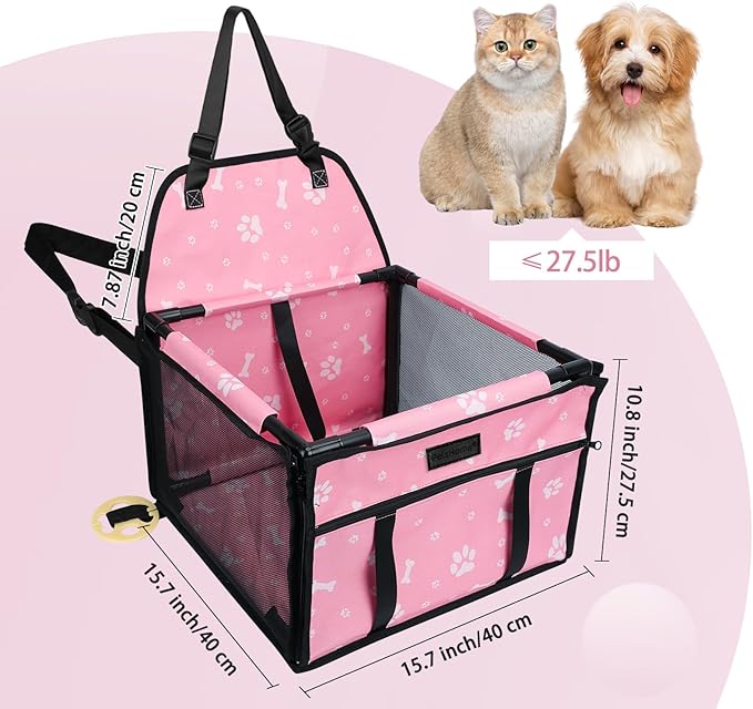 Dog Car Seat Foldable Dog Car Booster Seat Waterproof Breathable Oxford Travel Bag for Small to Medium Dogs, Puppies, and Pets-Pattern Pink-Upgrade