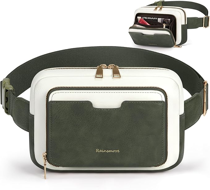 RAINSMORE Fanny Packs for Women, Leather Belt Bag Waterproof Everywhere Crossbody Waist Pack with Adjustable Strap Retro Sling Chest Bag for Work Running Travel Party, Dark Green with White