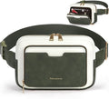 RAINSMORE Fanny Packs for Women, Leather Belt Bag Waterproof Everywhere Crossbody Waist Pack with Adjustable Strap Retro Sling Chest Bag for Work Running Travel Party, Dark Green with White