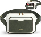 RAINSMORE Fanny Packs for Women, Leather Belt Bag Waterproof Everywhere Crossbody Waist Pack with Adjustable Strap Retro Sling Chest Bag for Work Running Travel Party, Dark Green with White
