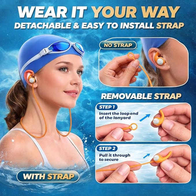 Swimming Ear Plugs for Adults with Lanyard, 3 Pairs Waterproof Reusable Soft Silicone Swim Earplugs for Pool, Surfing, Diving, Showering
