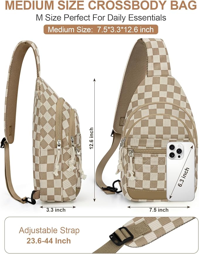 Capolo Sling Bag for Women Men Waterproof Crossbody Bags for Women Trendy Casual Fanny Pack with Convertible Shoulder Strap Chest Bag for Travel Hiking(Khaki Checkerboard, Medium)