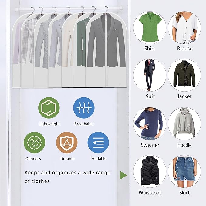 Hanging Garment Bags 12 Piece Set - 40 Inch Translucent Dust Proof Clothes Bag White Breathable Full Zipper Dust Cover for SuitTops Shirts Sports Jackets.