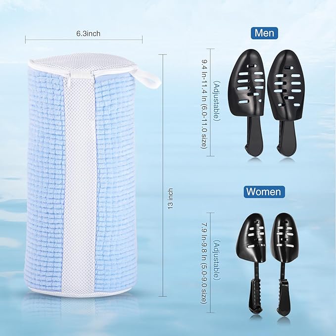 Teletrogy Shoe Washing Machine Bags, Reusable Laundry Bag for Washer and Dryer, Durable Fluffy Fiber Keep Clean, 2 Pairs Adjustable Trees for All Shoes, Blue
