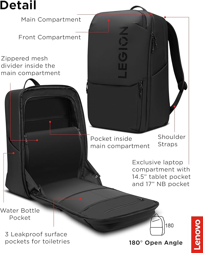 Lenovo Legion Gaming Laptop Backpack GB800, 21L Capacity, Fits 17-inch Laptops, Water Resistant, Three Main Compartments & 19 Specialiized Pockets, Black