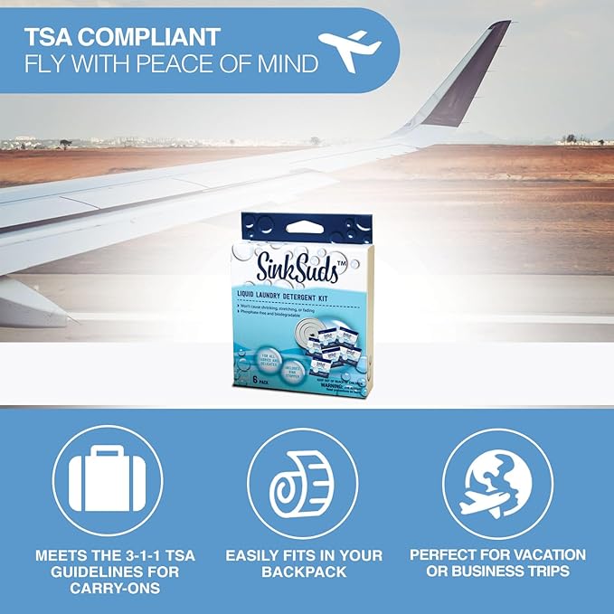 SinkSuds Laundry Detergent Travel Size Liquid Soap TSA Compliant Safe for All Fabrics 12 Packets & 2 Sink Stoppers