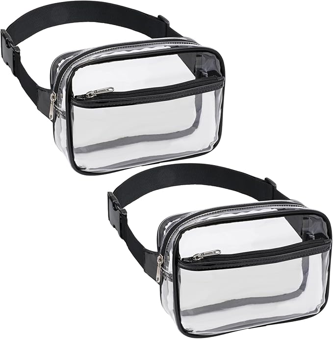 Veckle Clear Fanny Pack Stadium Approved - Plus Size 35-51 Inch Adjustable Strap Transparent Belt Bag for Women Men Fits 7.5" Smartphone, Clear Bag for Stadium Events Sports Concerts, 2-Pack Black