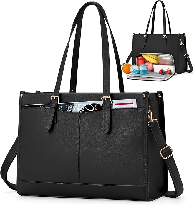 Laptop Bag for Women with Insulated Lunch Compartment 15.6 Inch Pu Leather Work Tote Computer Briefcase Bag for Office