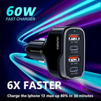 SUNDA 60W USB C Fast Car Charger | 4-Ports Car Charger Adapter | Dual Type C PD30W/PPS30W Compatible with iPhone17/16 Pro/Max/iPhone15/Galaxy/SamsungS25 | Dual USB-A 18W QC3.0 for Android(Black)