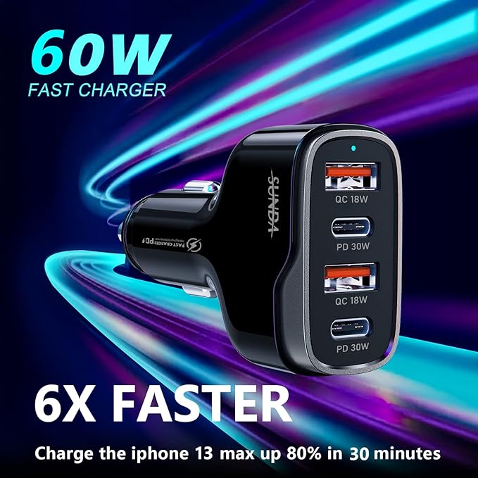 SUNDA 60W USB C Fast Car Charger | 4-Ports Car Charger Adapter | Dual Type C PD30W/PPS30W Compatible with iPhone17/16 Pro/Max/iPhone15/Galaxy/SamsungS25 | Dual USB-A 18W QC3.0 for Android(Black)