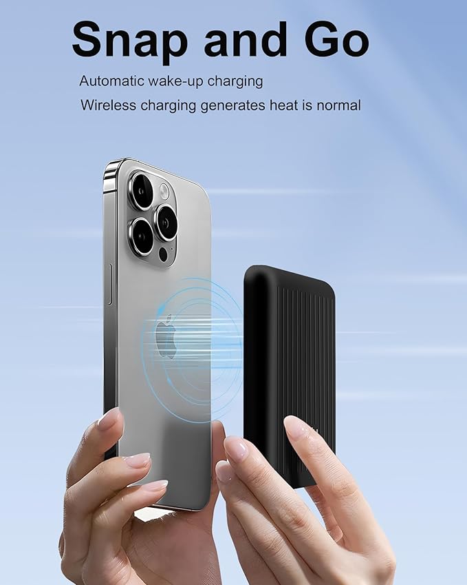 Miady Mini MagSafe-Compatible Portable Charger, 5000mAh 5W Compact Magnetic Power Bank for iPhone 16/15/14/13/12, 12W USB-C Charging Battery Pack