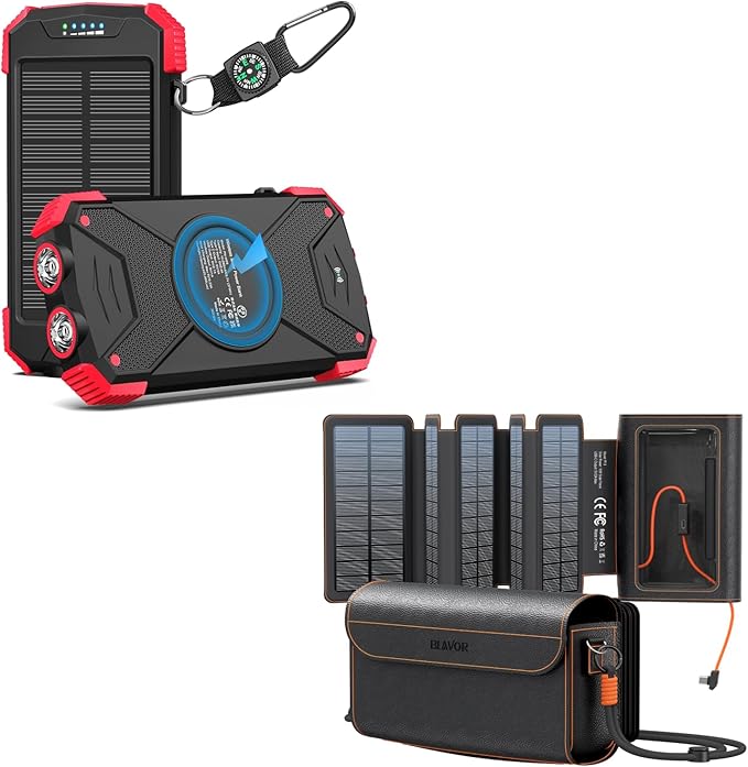 BLAVOR Portable Foldable Solar Charging Pack with Built-in USB-C Cable & Crossbody Lanyard, Plus Solar Charger Power Bank 10,000mAh, 20W PD, Waterproof, Orange for Outdoor Camping Hiking Backpacking