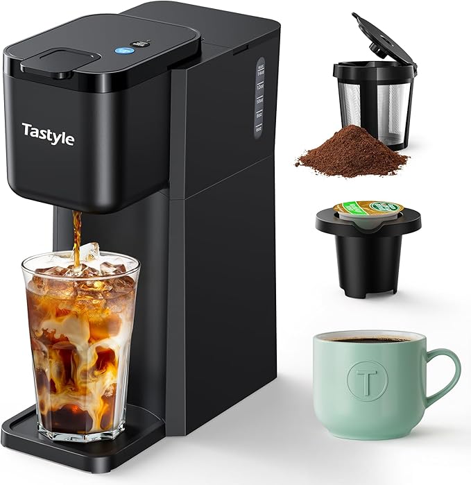 Tastyle Mini Hot and Iced Coffee Maker Single Serve, for K Cup and Ground, 6 to 14 Oz Brew Sizes, with Recipe Book, for Home, Travel, RV, Office and Dorm,Classic Black (2.0 Version)