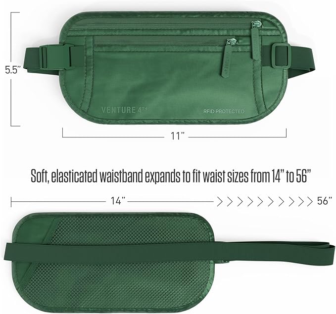 VENTURE 4TH Money Belt for Travel – Slim Hidden Under-Clothes RFID Blocking Anti-Theft Passport Holder & Travel Wallet Pouch for Men & Women to Protect Cash, Cards & Documents (Sleek Army Green)