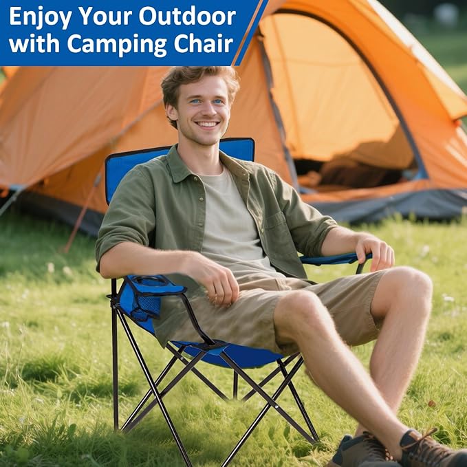 Folding Camping Chair with Cup Holder, 225lbs Capacity, Portable Foldable Chair with Large Anti-Sink Feet, PE Coated Fabric for Outdoor, Beach, Fishing, Backpacking, Blue 2PCS