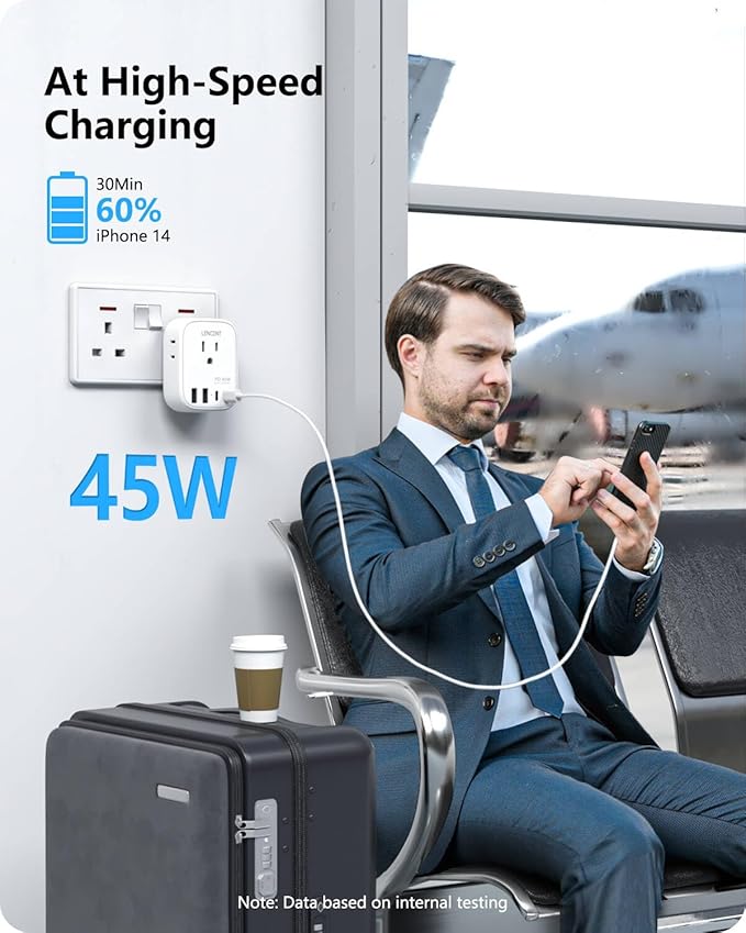 LENCENT US to UK Ireland Travel Plug Adapter, PD 45W Grounded Type G Adapter for Travel with 4 Outlets 4 USB Ports(2 USB C), Power Plug for US to Dubai Scotland British London England Singapore