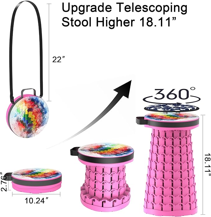 ALEVMOOM Upgraded Telescoping Collapsible Stool with Cushion, Folding Stool with Printing Portable Retractable Foldable Seat Max Load 600lbs for Adults Camping Fishing Outdoor