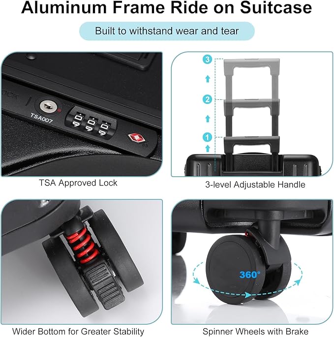 20'' Ride on Luggage Kids Rolling Suitcase with Seat & Aluminum Frame Back to School Gift for Student Travel(Black)