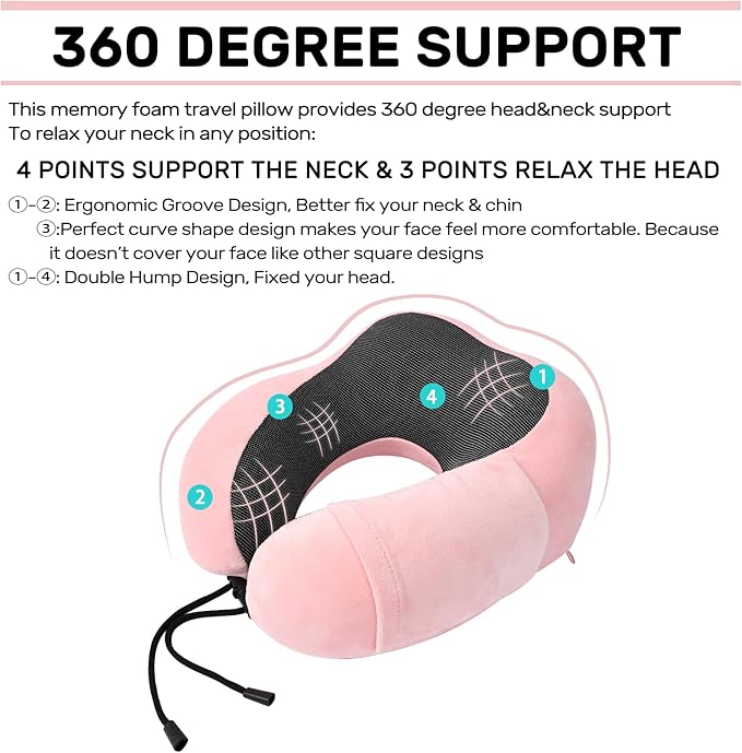 urnexttour Neck Pillow Airplane-2 Pack Memory Foam Travel Pillow, Soft Support Travel Neck Pillow for Travelling, Sleeping Rest, Car, Train and Home Use (Black&Pink)