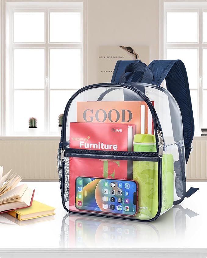 Paxiland Clear Backpack Stadium Approved 12×12×6 with Reinforced and Wider Shoulder Straps, Small Clear Bag for Schools, Concerts, Work, Festivals and Sporting Events - Navy