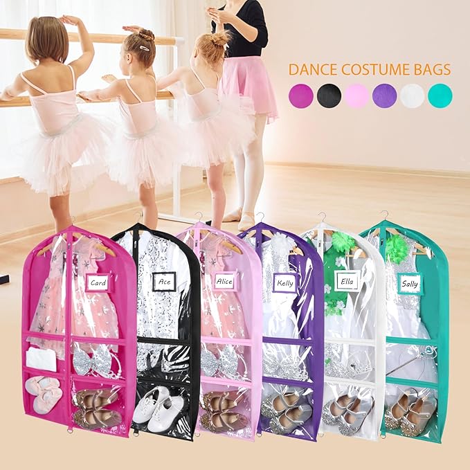 Syeeiex 3" Gusseted Dance Costume Garment Bag(2 Pack), 40'' Dance Garment Bags for Dancers with 4 Zipper Pocket & Can Hold 1-3 Dance Costumes - Suitable for Dance Competitions,Ballet(Rose Red)