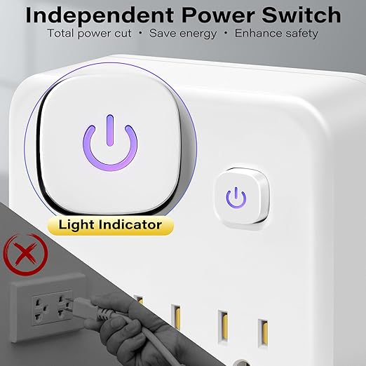 Electrical Outlet Extender, 360° Rotating Wall Outlet with Power Switch, 3 AC Outlets, 3 USB-A & 1 USB-C, Extends 17"-26", Use for Hard-to-Reach Outlets Behind Couches, Nightstands, Desks, Beds