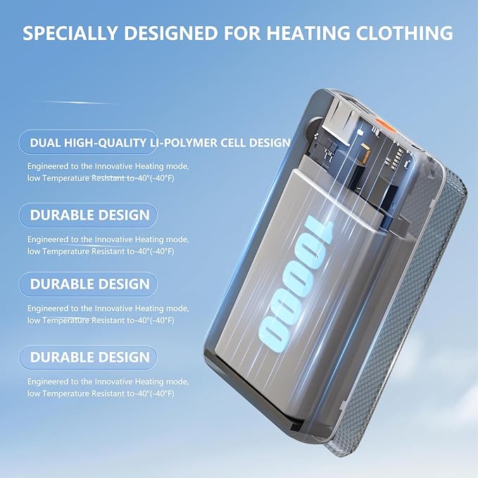 Battery Pack for Heated Vest, 7.4V/5V 10000mAh Power Bank for Heated Vest with DC/USB/Type-C Output and LED Display for Heating Clothing and Phones