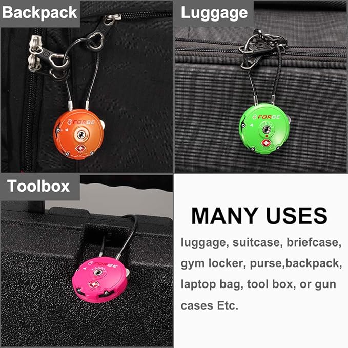 Forge Quality TSA Approved Luggage Locks for Travel Accessories, Suitcase, Pelican case, Ammo Boxes, Set Your own Combination, Zinc Alloy Body-Cable Green 2 Locks