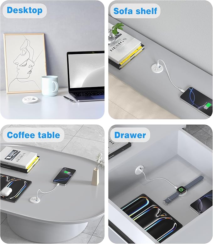 2 inch Desk Power Grommet Outlet, Recessed Power Outlet with 20W USB-C Fast Charging, for Conference Rooms, Office Tables, Furniture, 6FT Cord(ETL Listed)