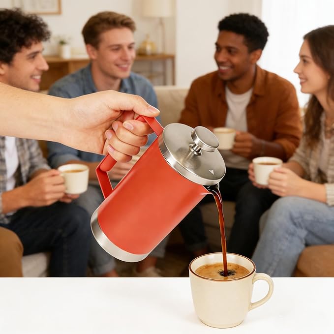 Stainless Steel Small French Press, 600ml Double Wall Insulated Coffee Maker Heat Resistant Non-Slip Handle, Portable Coffee Brewer for Home, Office, Camping, Single & Couple Daily Use
