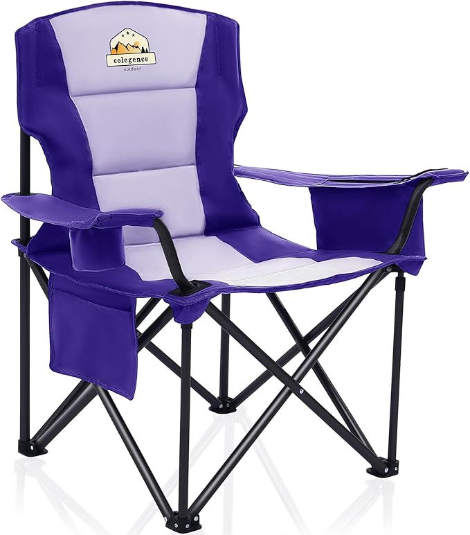 Colegence Heavy Duty Camping Chair for Adults, Oversized Foldable Outside Camp Chairs Carry Bag Included, with Cooler Bag Cup Holder, Side Pocket for Lawn,Sport,Outdoor,Deep Purple