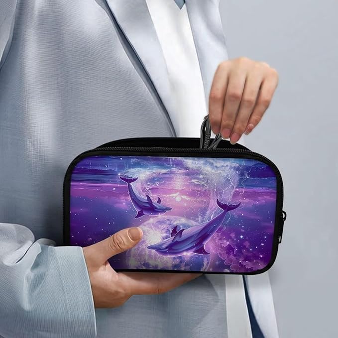 Purple Moonlight Dolphin Print Storage Pouch - Earphone, Cable Organizer, Power Bank & Data Cables Storage, Headset Organizing Multipurpose Bags