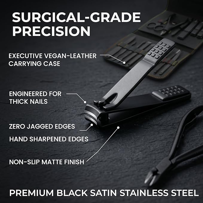 Earth & I Precision-Forged Stainless Steel Manicure Set - 16pc Satin Black Finish Nail Clippers for Thick Nails - TSA Compliant Travel Grooming System - Pedicure & Facial Care Kit - Gift Box