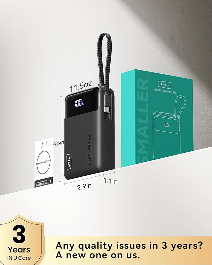 INIU 20000mAh Power Bank, Small 45W PD Fast Charging Portable Charger with Built-in USB C Cable, Flight-Safe Travel External Phone Battery Pack for iPhone 17 16 Pro Max Samsung S25 S26 Google iPad etc