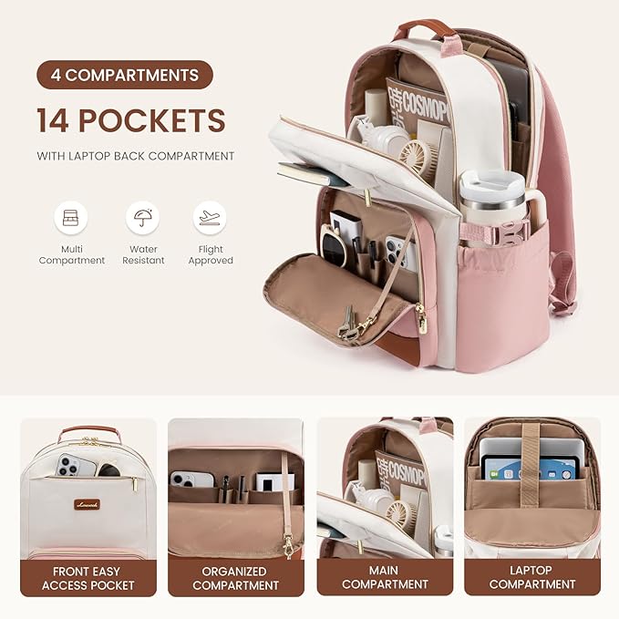 LOVEVOOK Laptop Backpack for Women with Pouch Pocket for Large Capacity Cup,18 Inch Teacher Nurse College Work Backpack Purse,Waterproof Laptop Bag Computer Carry on Back Pack for Travel, Light Pink