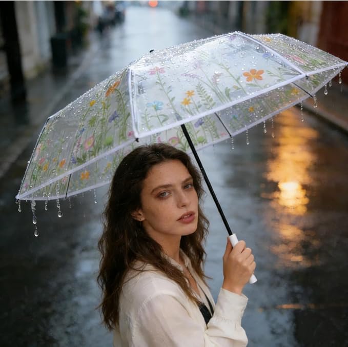 Chesoon Clear Folding Umbrella with Windproof Surface Automatic Opened Compact Design 8 Fiberglass Ribs for Girls/Women