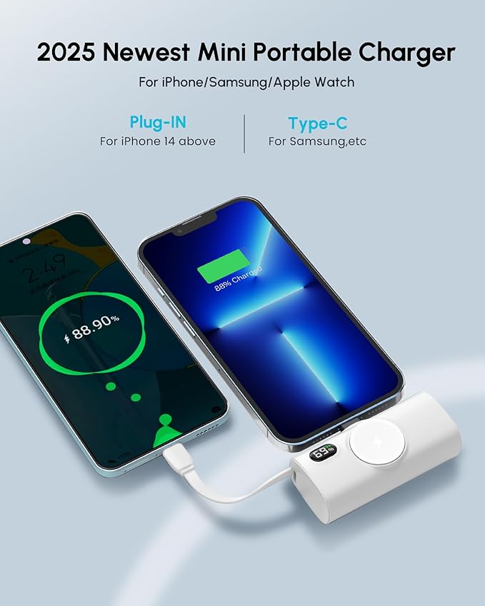 Small White Portable Power Bank for iPhone 13/12/14 Series,5000mah Mini Battery Charger for Lightning Port, Portable Battery Pack Backup Emergency Power Charger