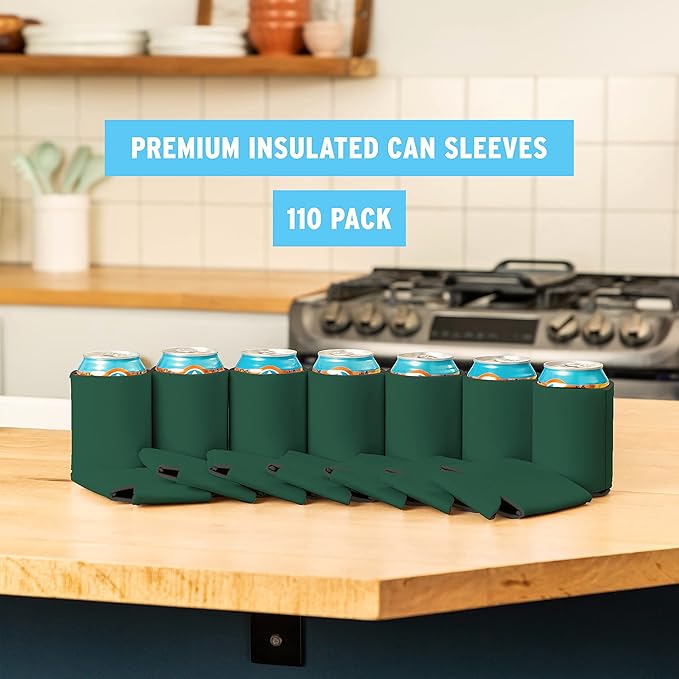 Blank Beer Can Cooler Sleeves (110-Pack) Soft Insulated Beer Can Coolies - HTV Friendly Blank Koolies in Bulk for Beer Cans & Bottles - Coolie Blanks for Vinyl Projects & Wedding Favors (Forest Green)