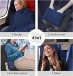 DEZ FURNISHINGS 4-in-1 Travel Compact Blanket Pillow Super Soft Velvet with Luggage Sleeve and Backpack Clip, Navy, 60" x 45"