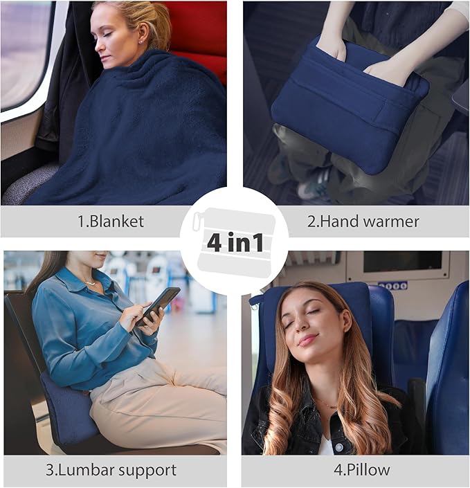 DEZ FURNISHINGS 4-in-1 Travel Compact Blanket Pillow Super Soft Velvet with Luggage Sleeve and Backpack Clip, Navy, 60" W x 45" H