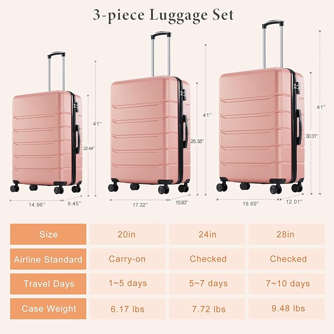 Sweetcrispy 3 PCS Luggage Set, Spinner Wheels Lightweight Expandable Travel Hard Shell Suitcase with TSA Lock, Pale Pink(20/24/28 inch)