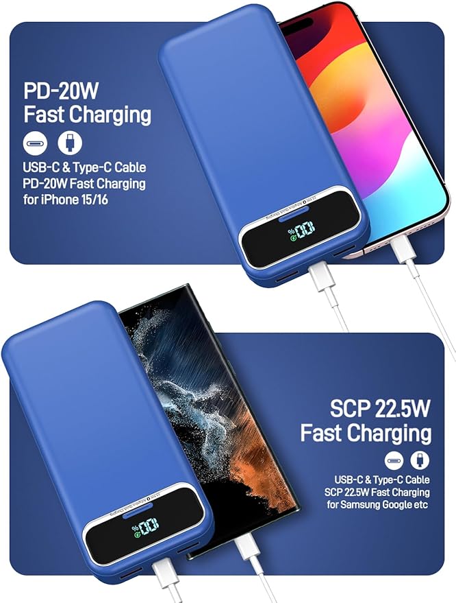 Portable Charger, 20000mAh 22.5W Fast Charging Power Bank with Built-in Cables & Wall Plug, Travel Essential External Battery Pack with LED Display, USB C Battery Phone Charger for iPhone Samsung Navy